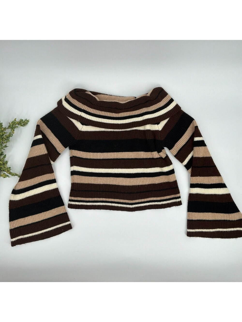 Brown Striped Off-shoulder Flared Long Sleeve Knit Sweater Top Size Xl Y2K